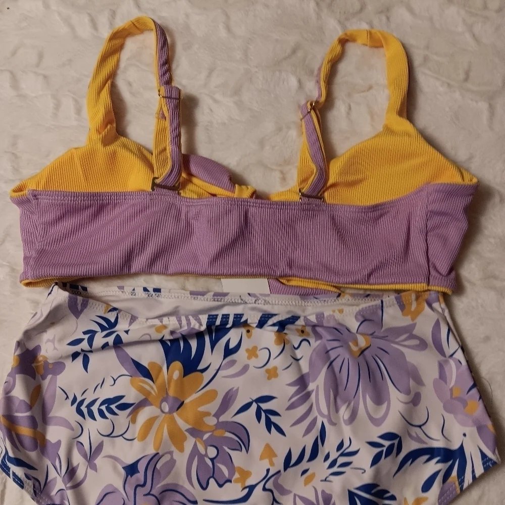 Jollkichay Purple & Yellow Knot‎ Tie Top with Floral High Waisted Bottom Bikini